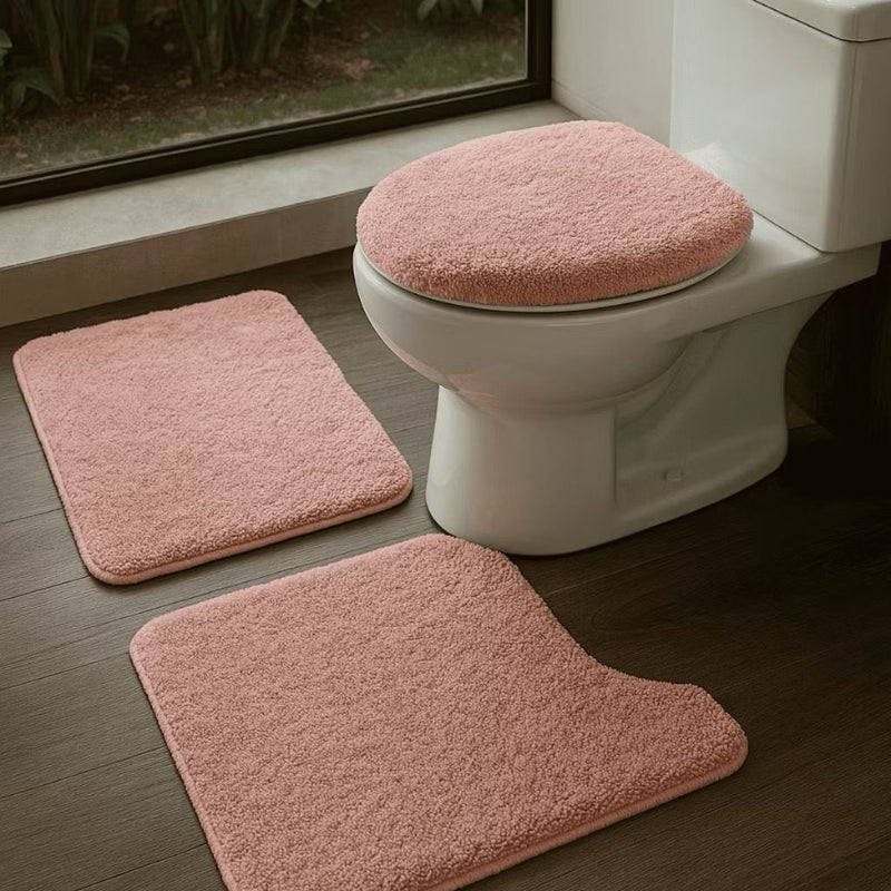 Tapete para Banheiro 3 Peças Pelúcia Algodão Macio Antiderrapante Rosa Preto Marfim Branco Cinza