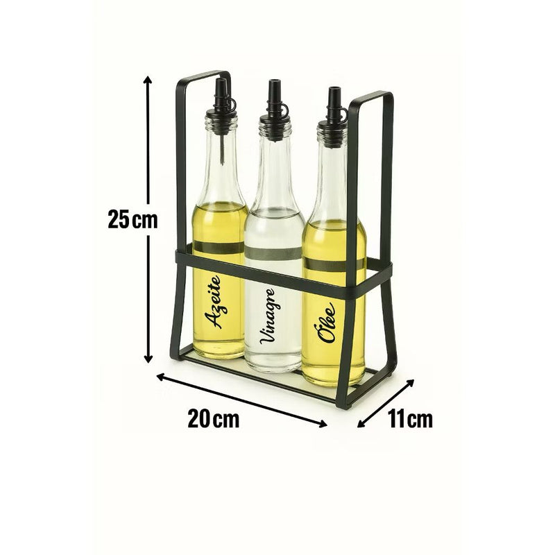 Kit 3 Galheteiro de Vidro Porta Azeite 370ml Com Suporte e Bico Dosador