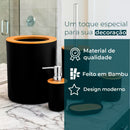 Kit Banheiro Lavabo Conjunto Acessórios lixeira escova 6 Peças Bambu Luxo Preto/Branco