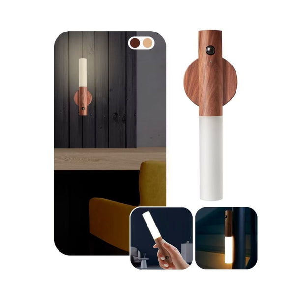 Luminaria Luz Led Recarregável Sensor de Movimento Arandela de Madeira Minimalista Para Mesa Parede