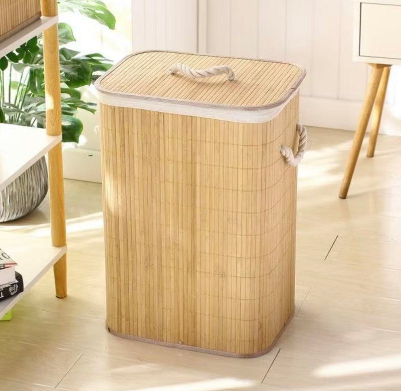 Cesto Roupa Bambu Com Tampa Retangular Banheiro Bege Com Tampa