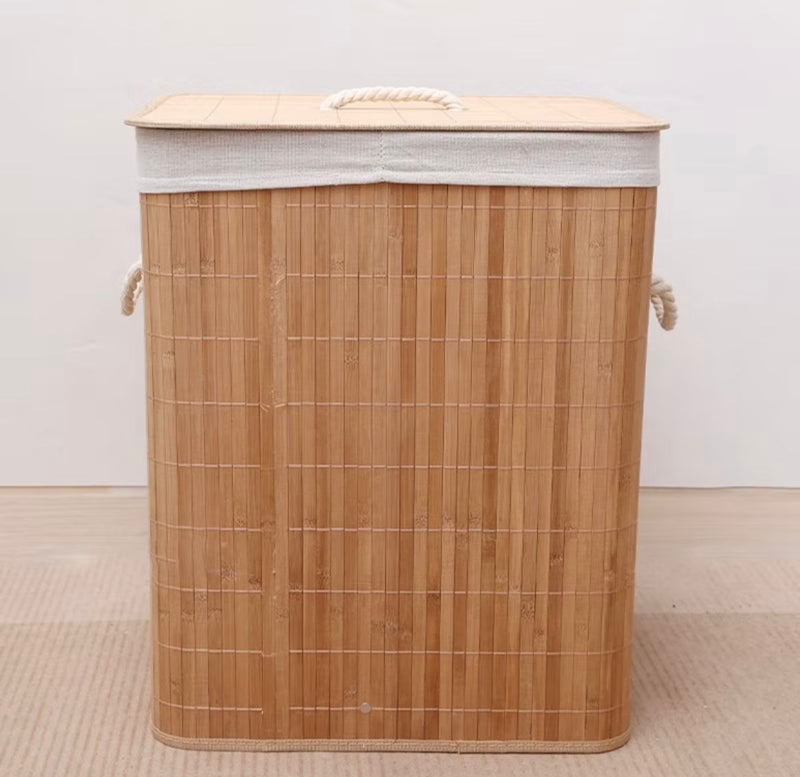 Cesto Roupa Bambu Com Tampa Retangular Banheiro Bege Com Tampa