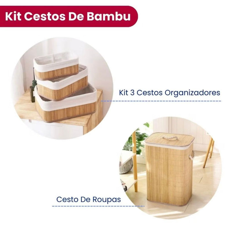 Cesto Roupa Bambu Com Tampa Retangular Banheiro Bege Com Tampa