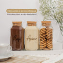 Kit Cantinho do Café - Café, Açúcar e Biscoitos | 3 potes de Vidro 810ml com Tampa Rolha + Adesivos
