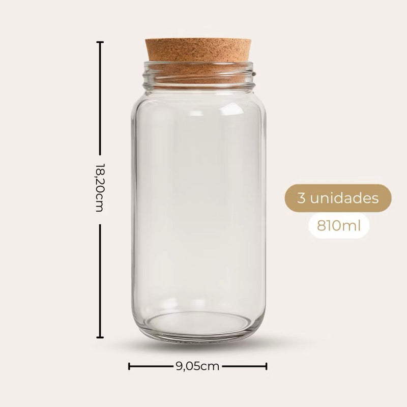 Kit Cantinho do Café - Café, Açúcar e Biscoitos | 3 potes de Vidro 810ml com Tampa Rolha + Adesivos