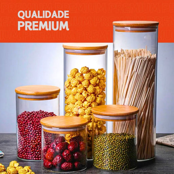 Porta Mantimento De Vidro Herméticos - Kit Com 5 - Tampa De Bambu - Sempre Acessível