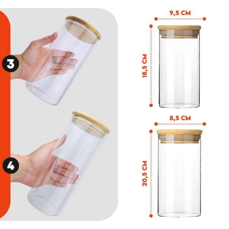 Porta Mantimento De Vidro Herméticos - Kit Com 5 - Tampa De Bambu - Sempre Acessível