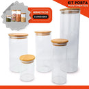 Porta Mantimento De Vidro Herméticos - Kit Com 5 - Tampa De Bambu - Sempre Acessível