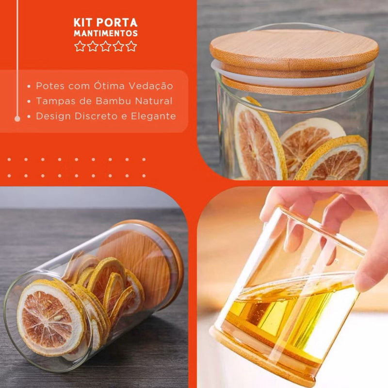 Porta Mantimento De Vidro Herméticos - Kit Com 5 - Tampa De Bambu - Sempre Acessível