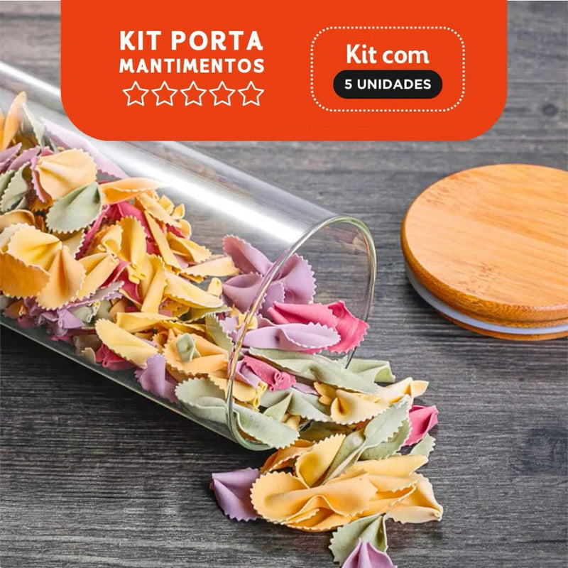 Porta Mantimento De Vidro Herméticos - Kit Com 5 - Tampa De Bambu - Sempre Acessível