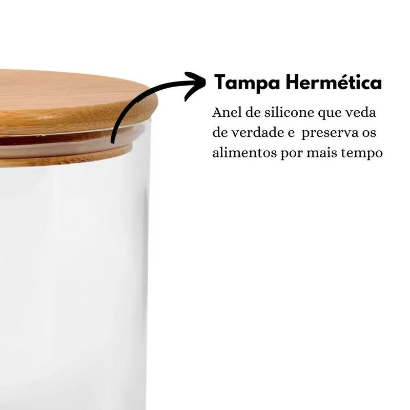 Kit 6 Potes de Vidro 200ml com Tampa de Bambu