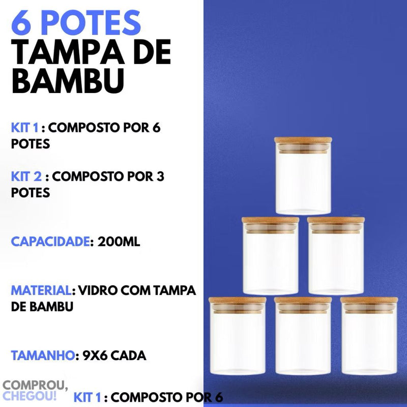 Kit 6 Potes de Vidro 200ml com Tampa de Bambu