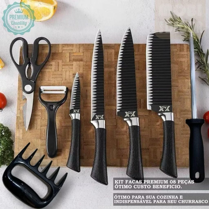 Kit Churrasco Conjunto de 08 Peças Facas Gourmet Corte Navalha Antiaderente