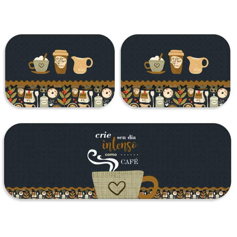 Kit 3 Peças Tapete Cozinha Estampado Antiderrapante Lavável Moderno Secagem Rápida Acabamento Premium