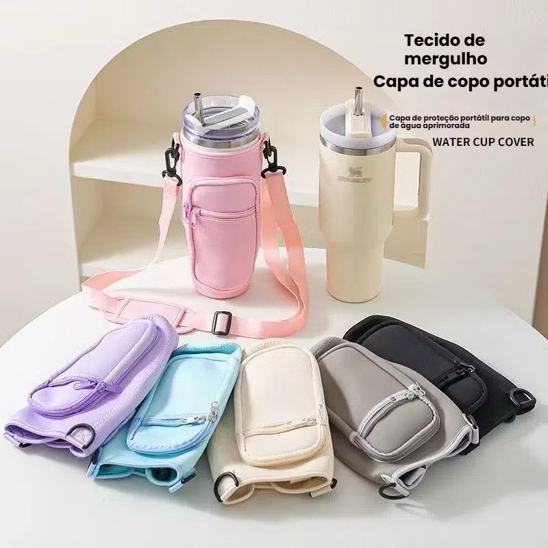 Suporte para Copo ou Garrafa Bolsa Porta Garrafas Alça Ajustável e Bolso para Ombro Portátil