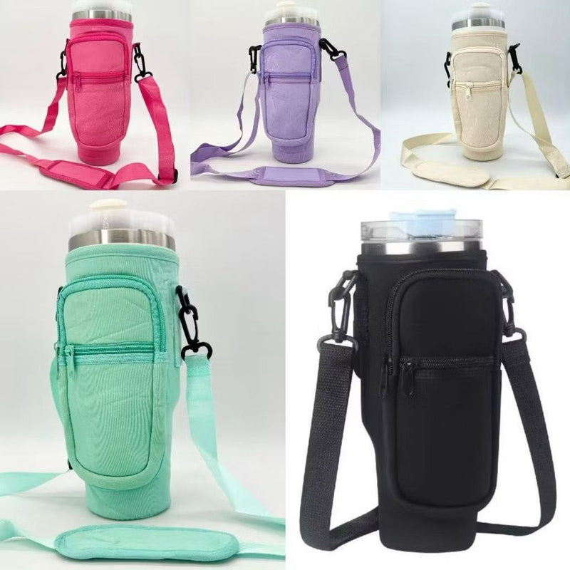 Suporte para Copo ou Garrafa Bolsa Porta Garrafas Alça Ajustável e Bolso para Ombro Portátil
