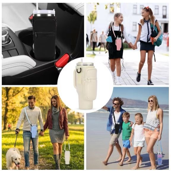 Suporte para Copo ou Garrafa Bolsa Porta Garrafas Alça Ajustável e Bolso para Ombro Portátil