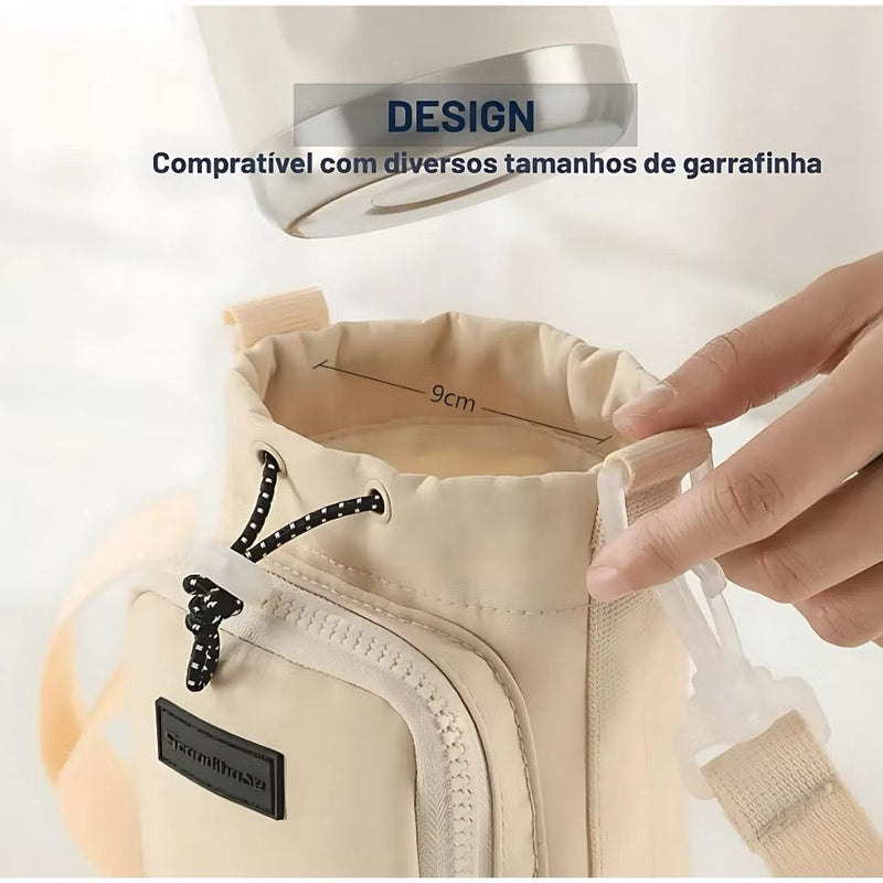Suporte para Copo ou Garrafa Bolsa Porta Garrafas Alça Ajustável e Bolso para Ombro Portátil