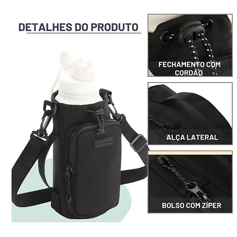 Suporte para Copo ou Garrafa Bolsa Porta Garrafas Alça Ajustável e Bolso para Ombro Portátil