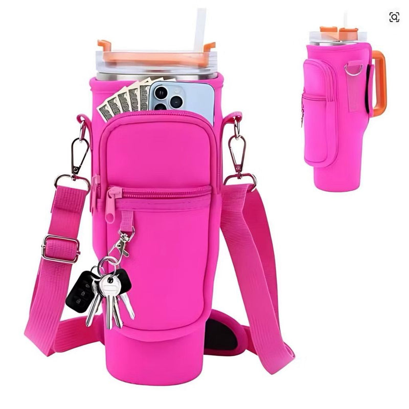 Suporte para Copo ou Garrafa Bolsa Porta Garrafas Alça Ajustável e Bolso para Ombro Portátil