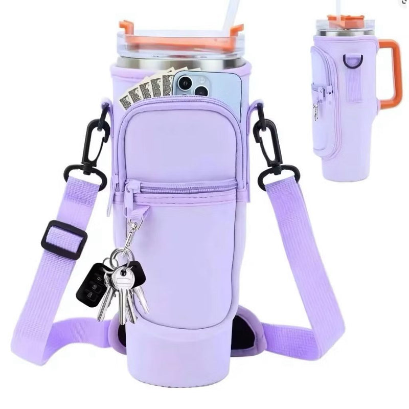 Suporte para Copo ou Garrafa Bolsa Porta Garrafas Alça Ajustável e Bolso para Ombro Portátil