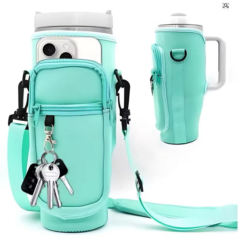 Suporte para Copo ou Garrafa Bolsa Porta Garrafas Alça Ajustável e Bolso para Ombro Portátil