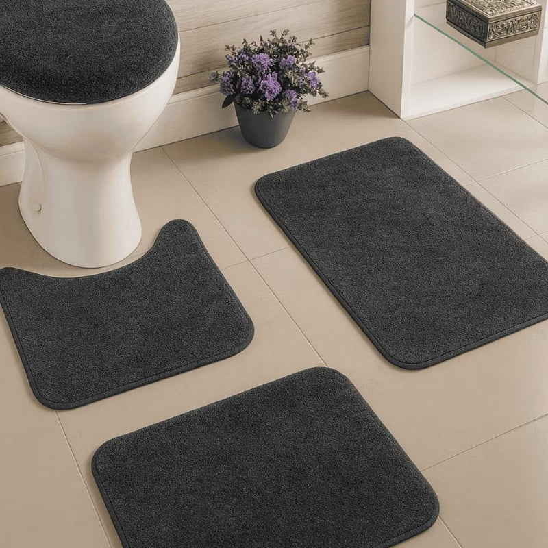 Tapete para Banheiro 3 Peças Pelúcia Algodão Macio Antiderrapante Rosa Preto Marfim Branco Cinza
