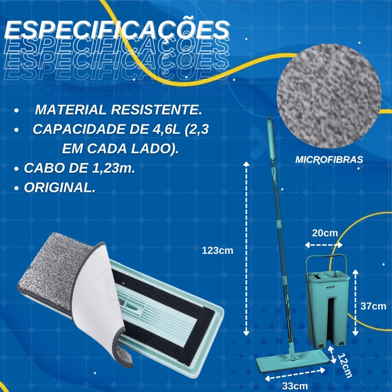 Mop Flat Com 2 Refis Com Cabo Extensivel Inox Com Balde 6 litros