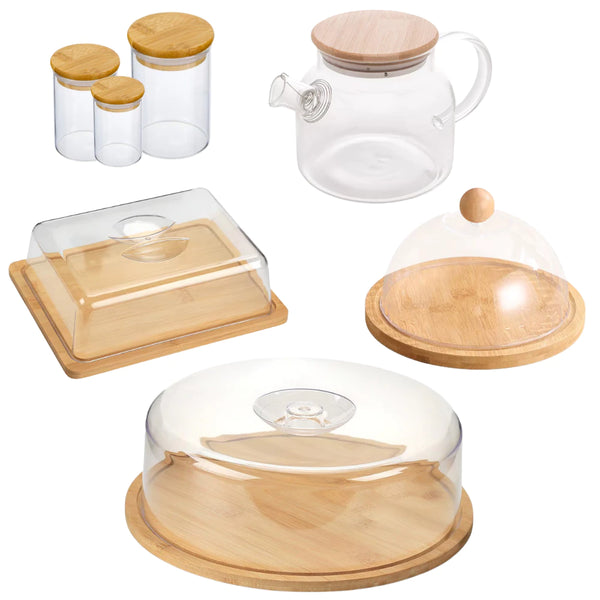 Jogo Café da Manhã e Tarde Bambu Itens de Cozinha Jarra Chaleira Pote de Vidro Porta Frios Boleira