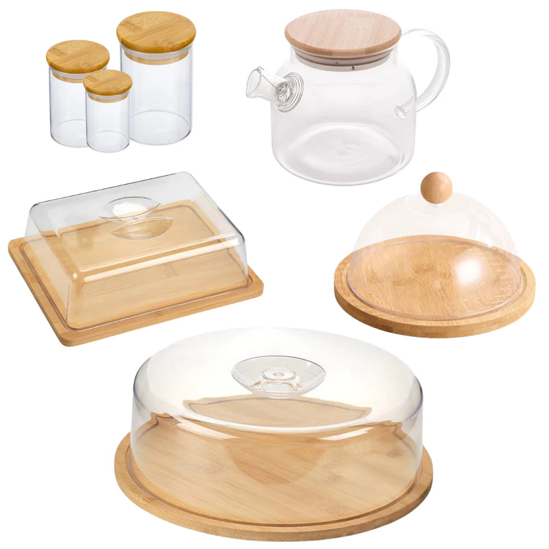 Jogo Café da Manhã e Tarde Bambu Itens de Cozinha Jarra Chaleira Pote de Vidro Porta Frios Boleira