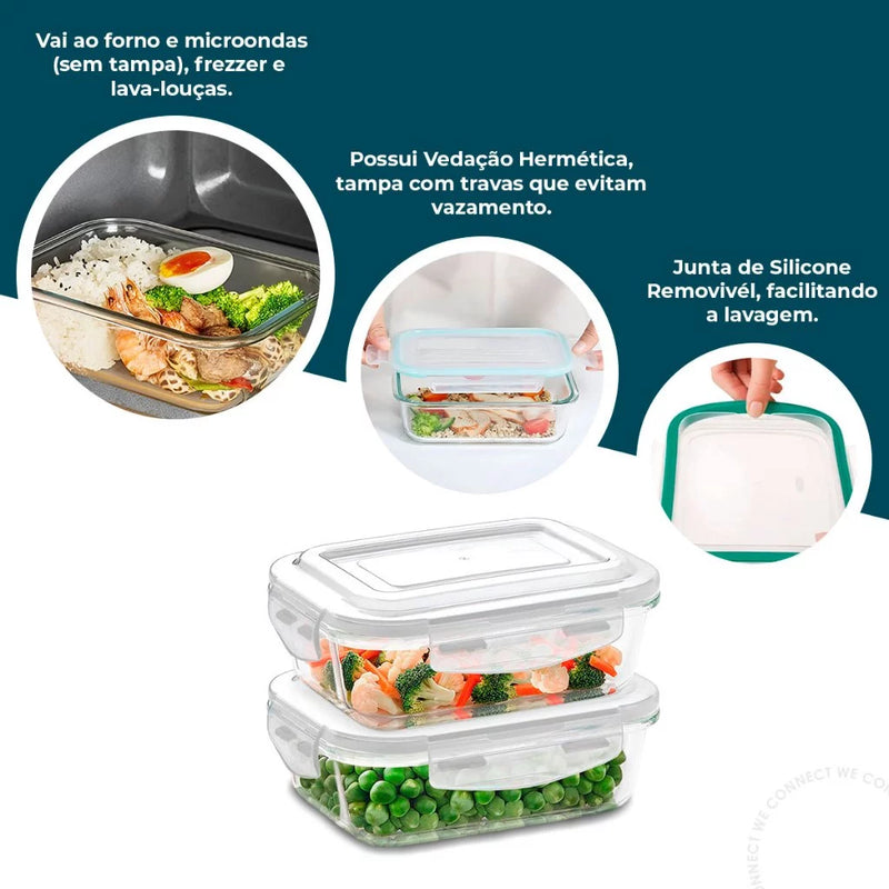 Kit 10 Pote de Vidro Hermético Retangular 4 Travas Marmita Fit Microondas Mantimentos