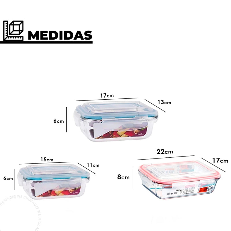 Kit 10 Pote de Vidro Hermético Retangular 4 Travas Marmita Fit Microondas Mantimentos