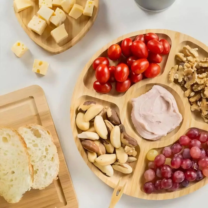 Petisqueira Redonda Para Frios Queijo C/ Molheira Ramekin e Garfinhos Inox Cabo Madeira P/ Petiscos